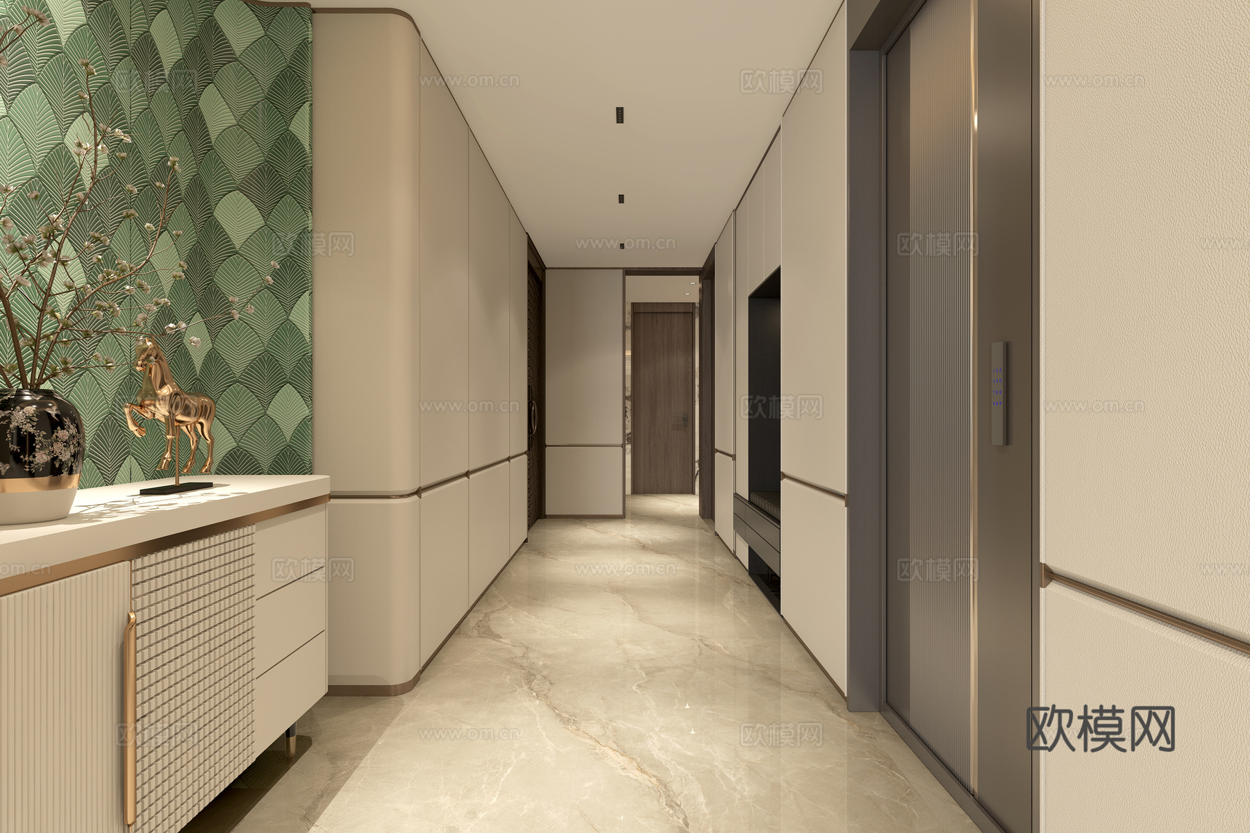 轻奢玄关 走廊过道 玄关柜 轻奢护墙板3d模型