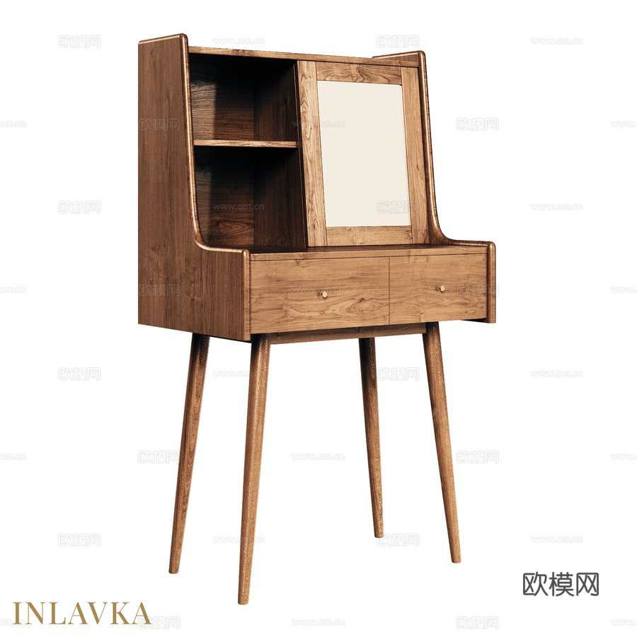 OM中世纪三抽屉梳妆台带镜3d模型下载
