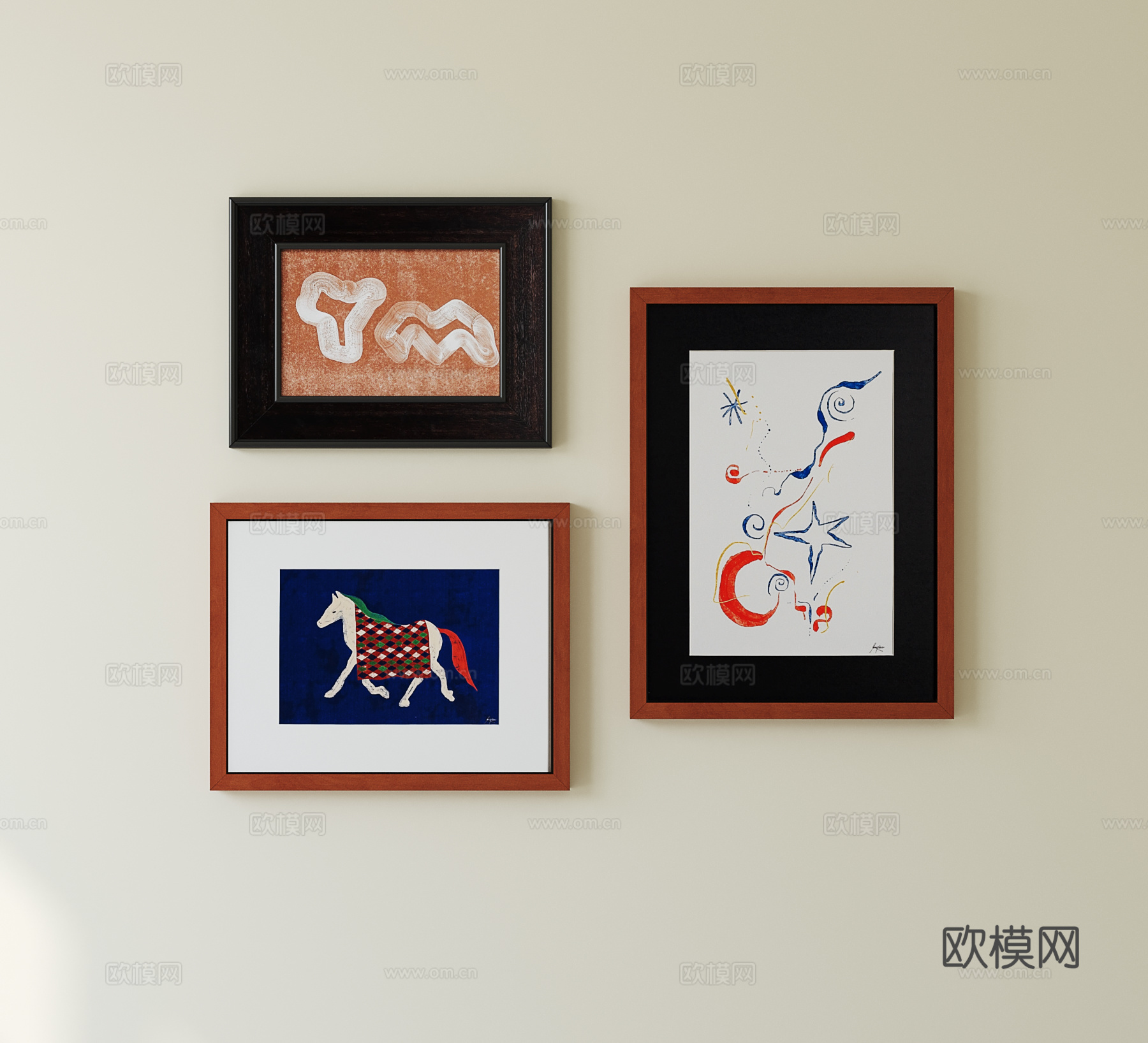 现代中古挂画 抽象挂画 照片墙su模型