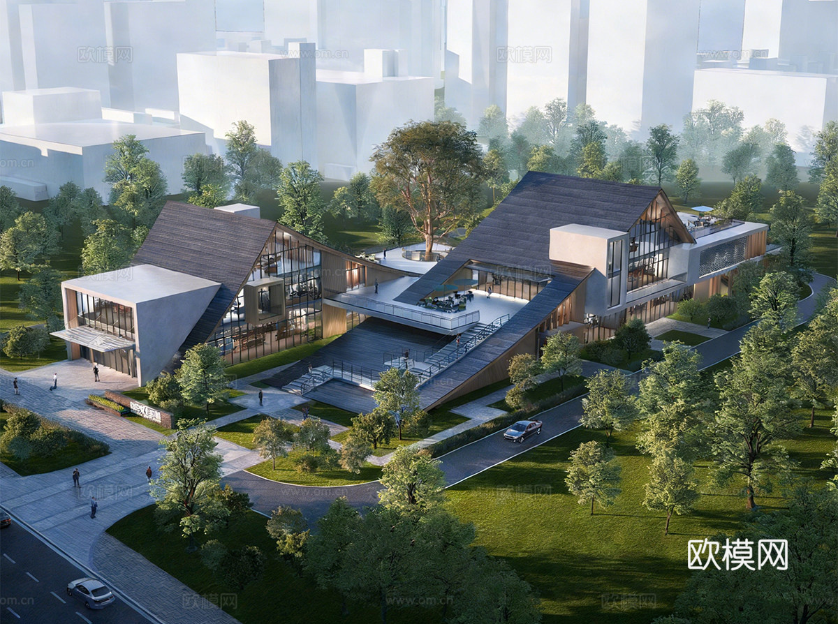 新中式现代文化馆 社区文化中心 服务中心 政务中心建筑su模型