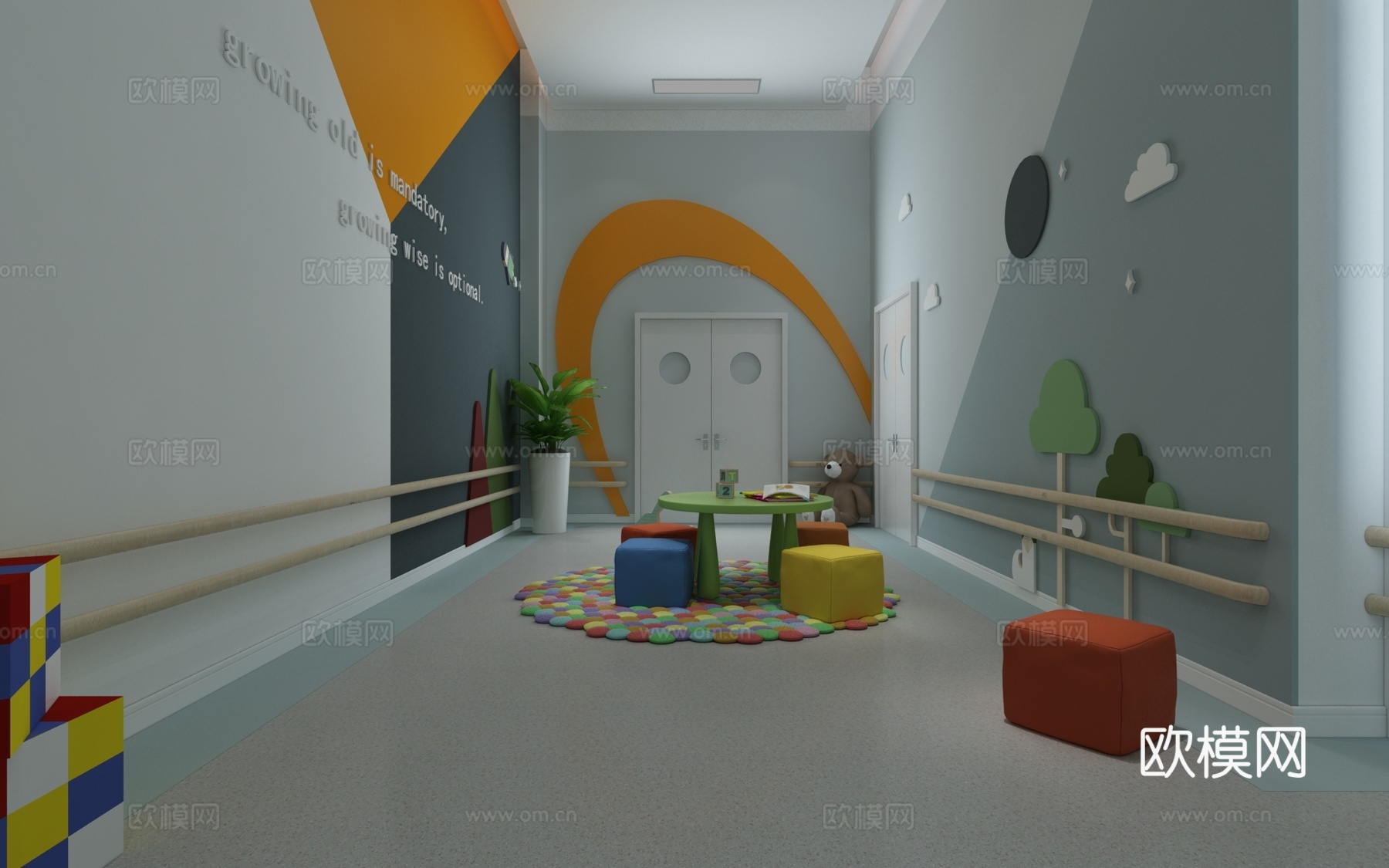 北欧风幼儿园 走廊 墙面造型 玩耍区 墙面扶手3d模型下载（渲染图2）