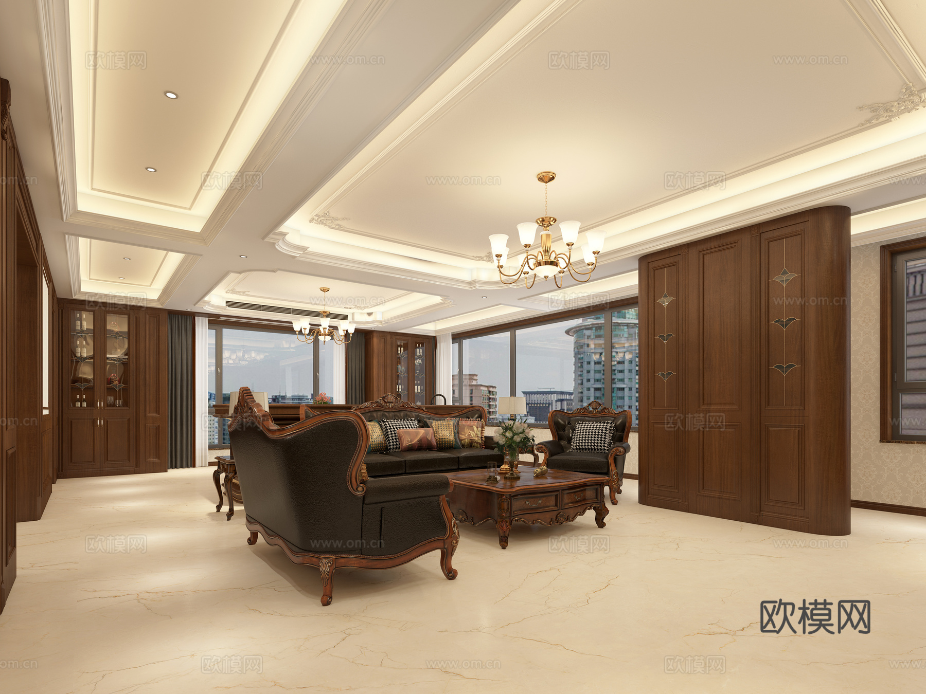 美式客餐厅 影视墙 圆形餐桌 组合沙发 酒柜 餐边柜 电视柜3d模型下载（渲染图1）