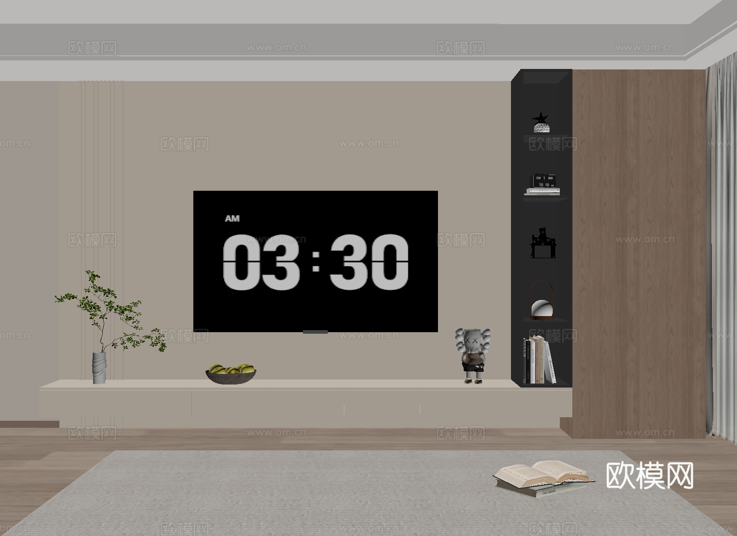 现代中古电视背景墙 收纳储物开放格 悬空电视柜su模型