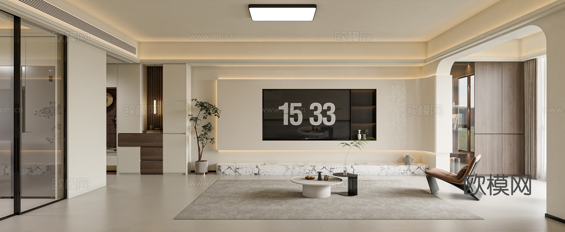 现代中古风简约客餐厅3d模型下载（渲染图1）