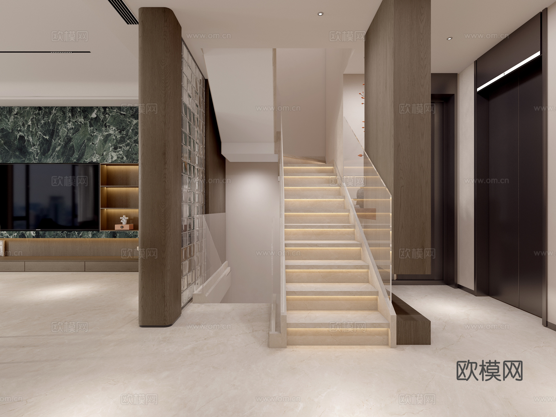 意式客餐厅 楼梯间走廊 半开放式厨房 影视墙 装饰柜3d模型