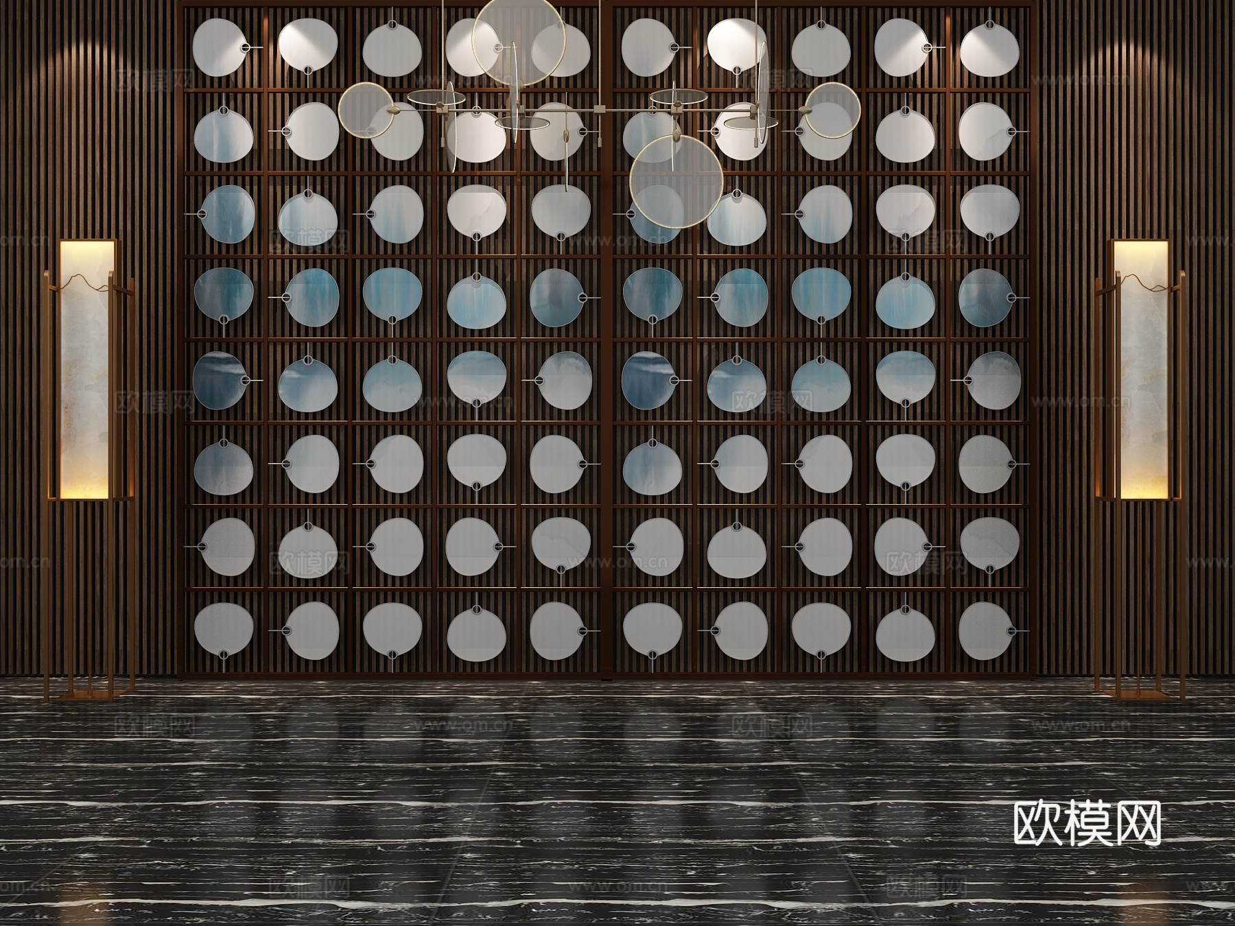 新中式背景墙 扇子 挂饰 吊灯 落地灯3d模型下载（渲染图2）