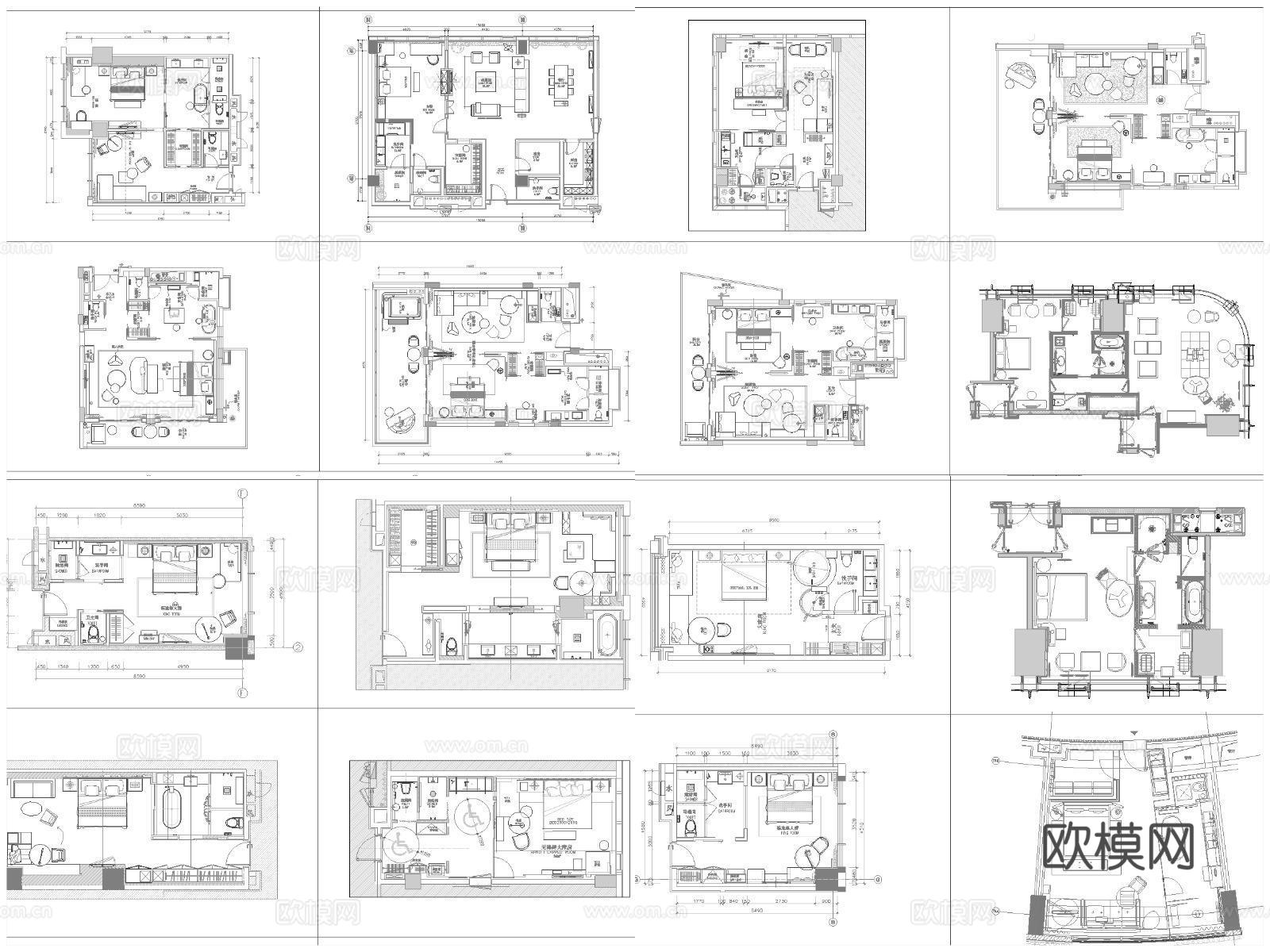 150套酒店 客房 标间 大床房 套房 最新平面 施工图合集cad施工图