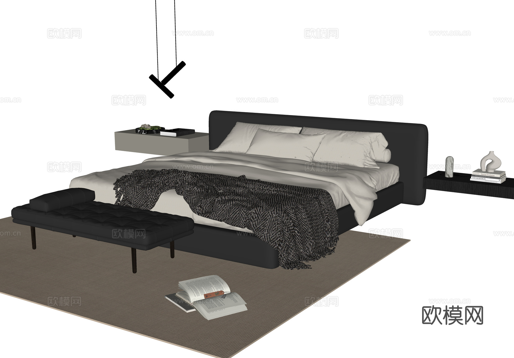现代双人床 床尾凳su模型