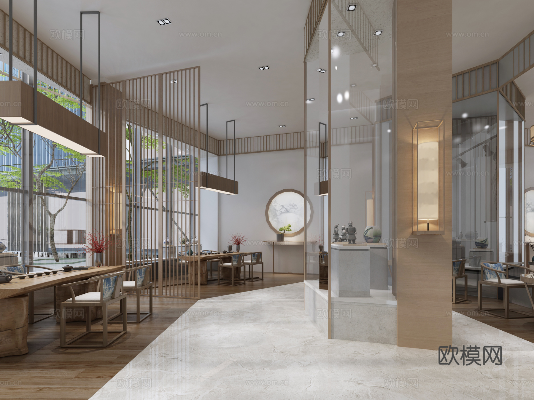 新中式茶室 展示厅 客餐厅 吊灯茶椅茶几 挂画 背景墙3d模型下载（渲染图1）