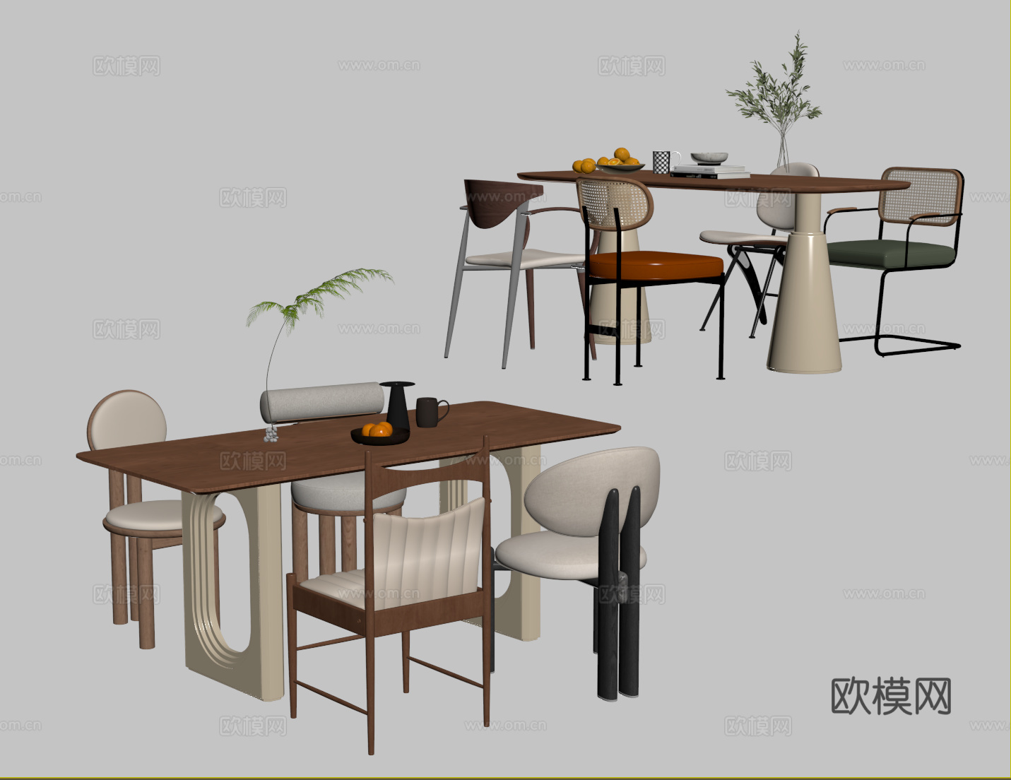 奶油风餐桌椅 中古长方形餐桌 餐椅su模型