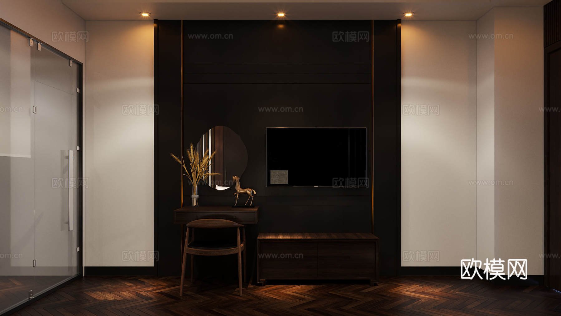 意式极简​酒店客房 酒店风卧室​ 玻璃衣柜 背景墙3d模型下载（渲染图5）