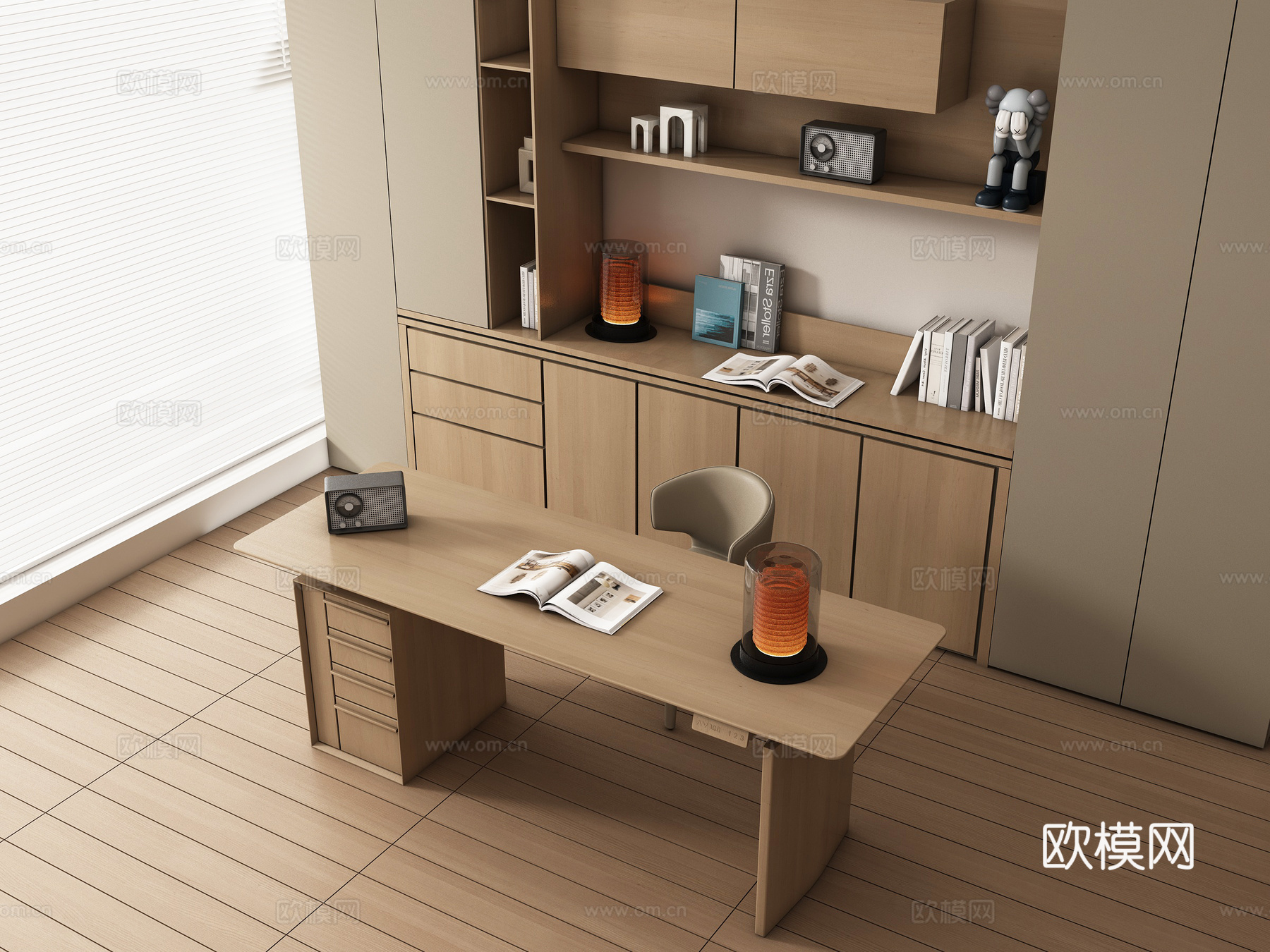 现代原木书房 书桌椅  办公桌椅 摆件组合 书柜su模型su模型