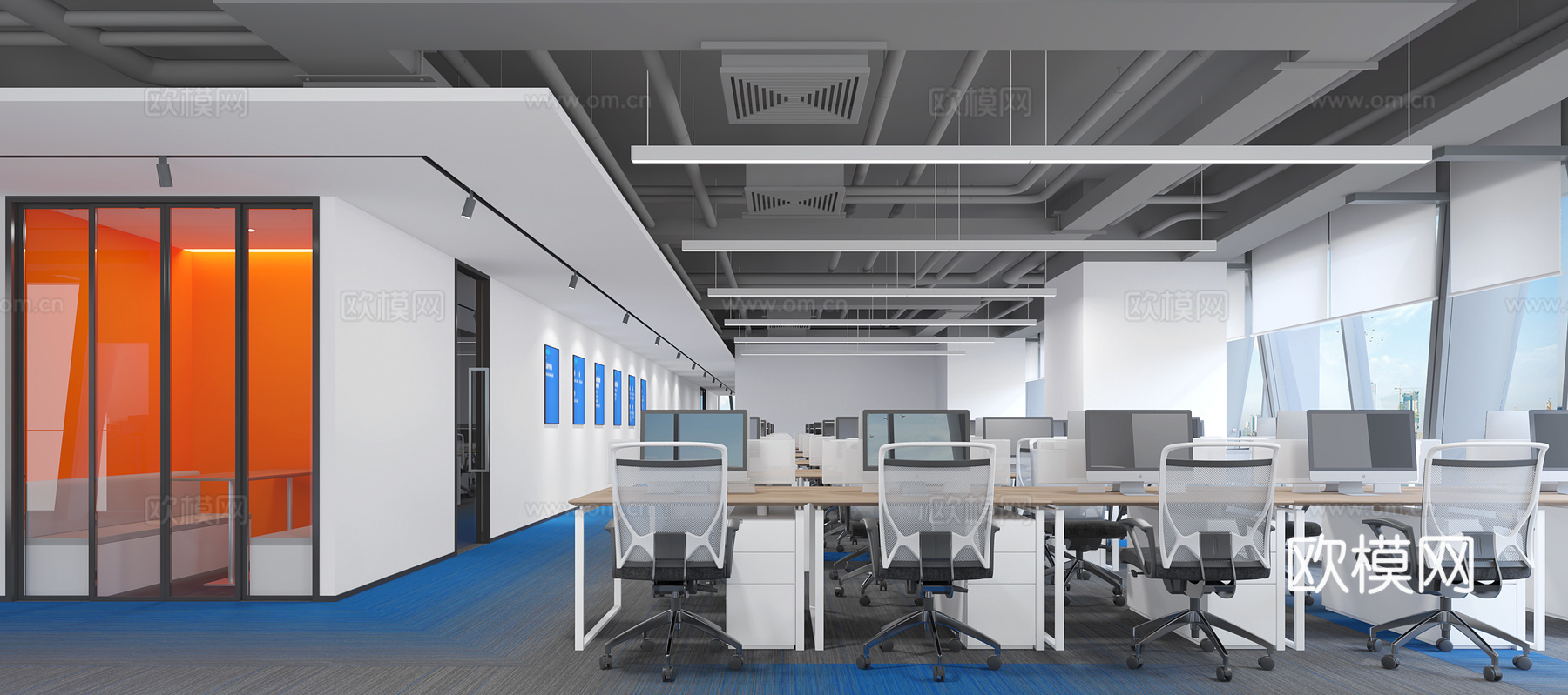 现代公共办公室 开放办公区 办公桌椅 洽谈间 长条灯3d模型下载