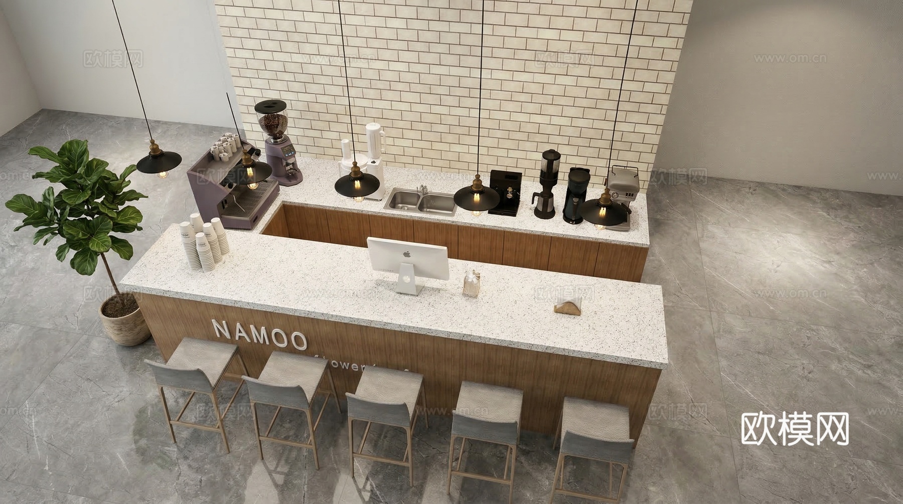 现代风格吧台_吧椅_吊灯_长桌椅su模型