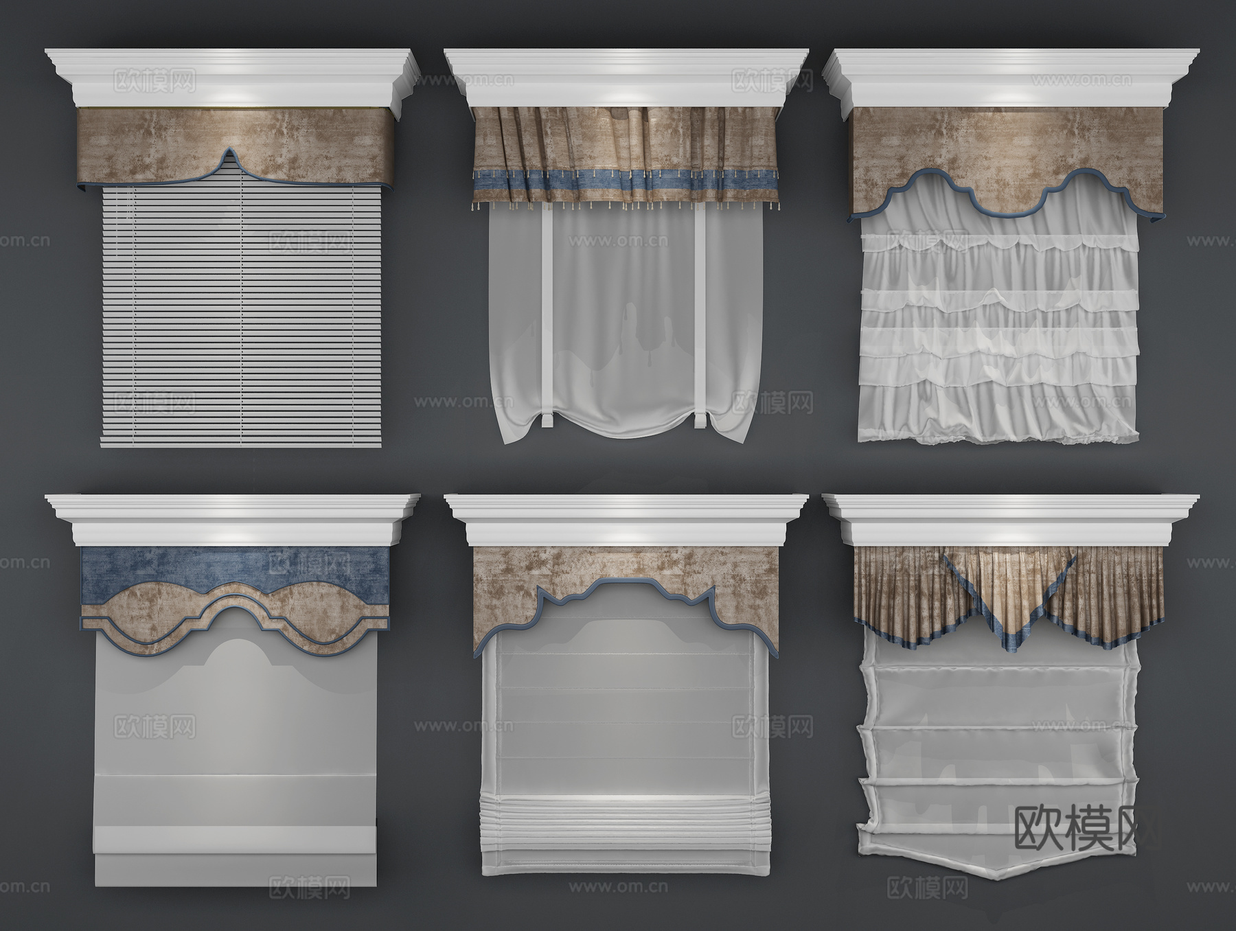 美式简约美式窗帘组合3d模型下载（渲染图2）