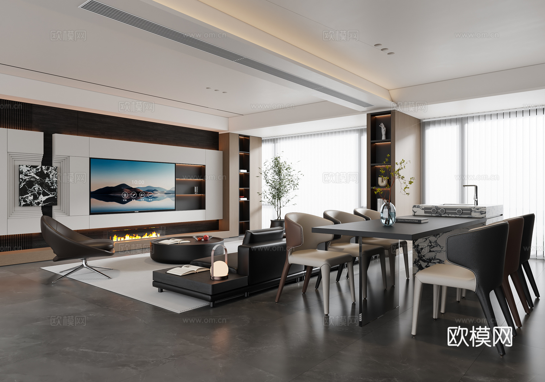 现代意式客餐厅 沙发茶几 电视背景墙 餐桌椅 地毯su模型