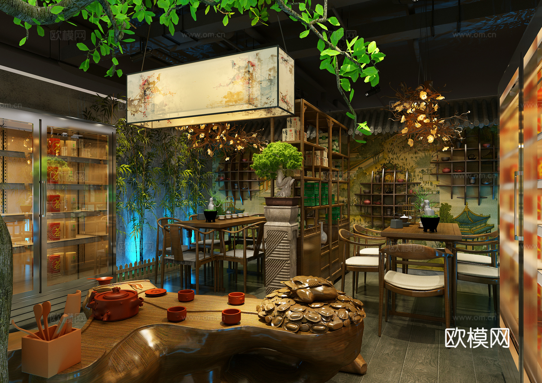 新中式茶叶店 佛陀 背景墙 茶台 货架 博古架 水景绿植3d模型下载（渲染图2）