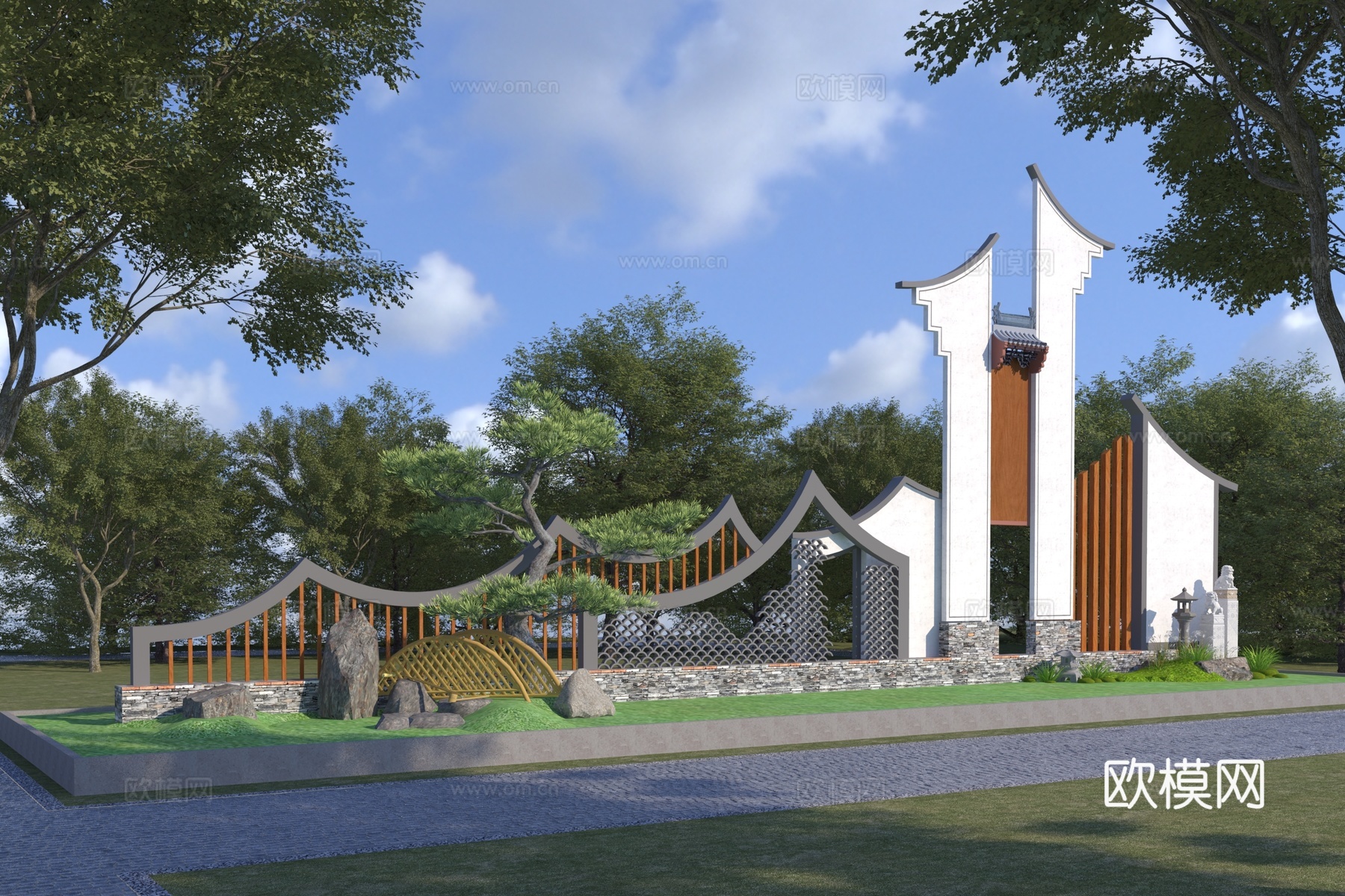 中式乡村民宿文化景墙3d模型下载