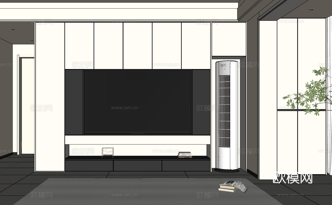 现代客厅电视墙 电视背景柜 满柜电视墙 空调电视背景墙柜su模型