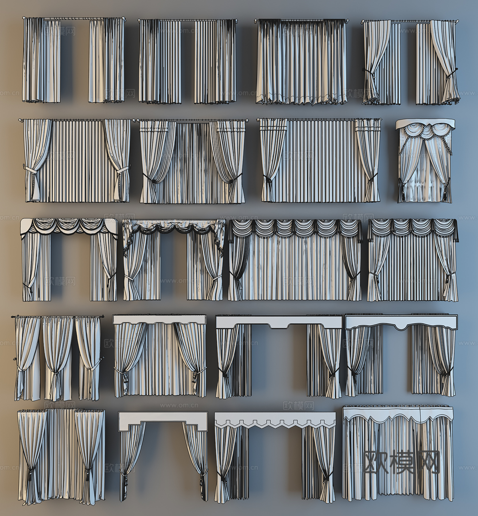 现代欧式中式窗帘组合3d模型下载（渲染图2）