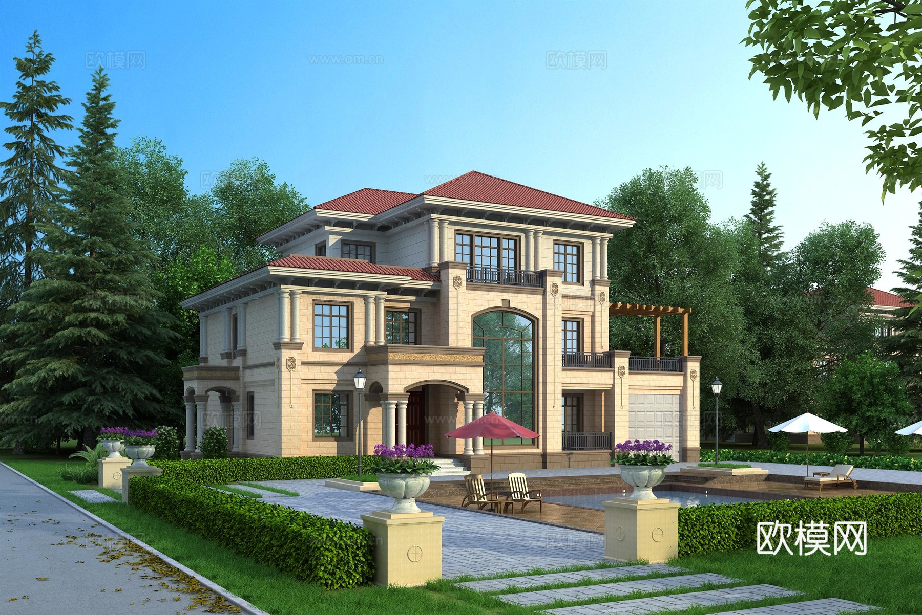 简欧别墅外观 泳池 躺椅 遮阳伞3d模型下载（渲染图2）