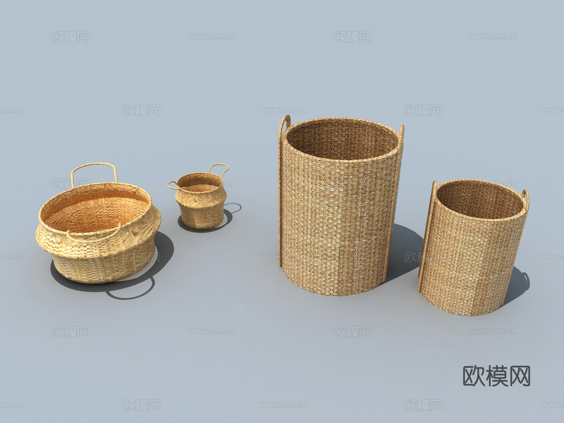 传统中式组合器材 农具 编制篓 竹筒3d模型下载（渲染图2）