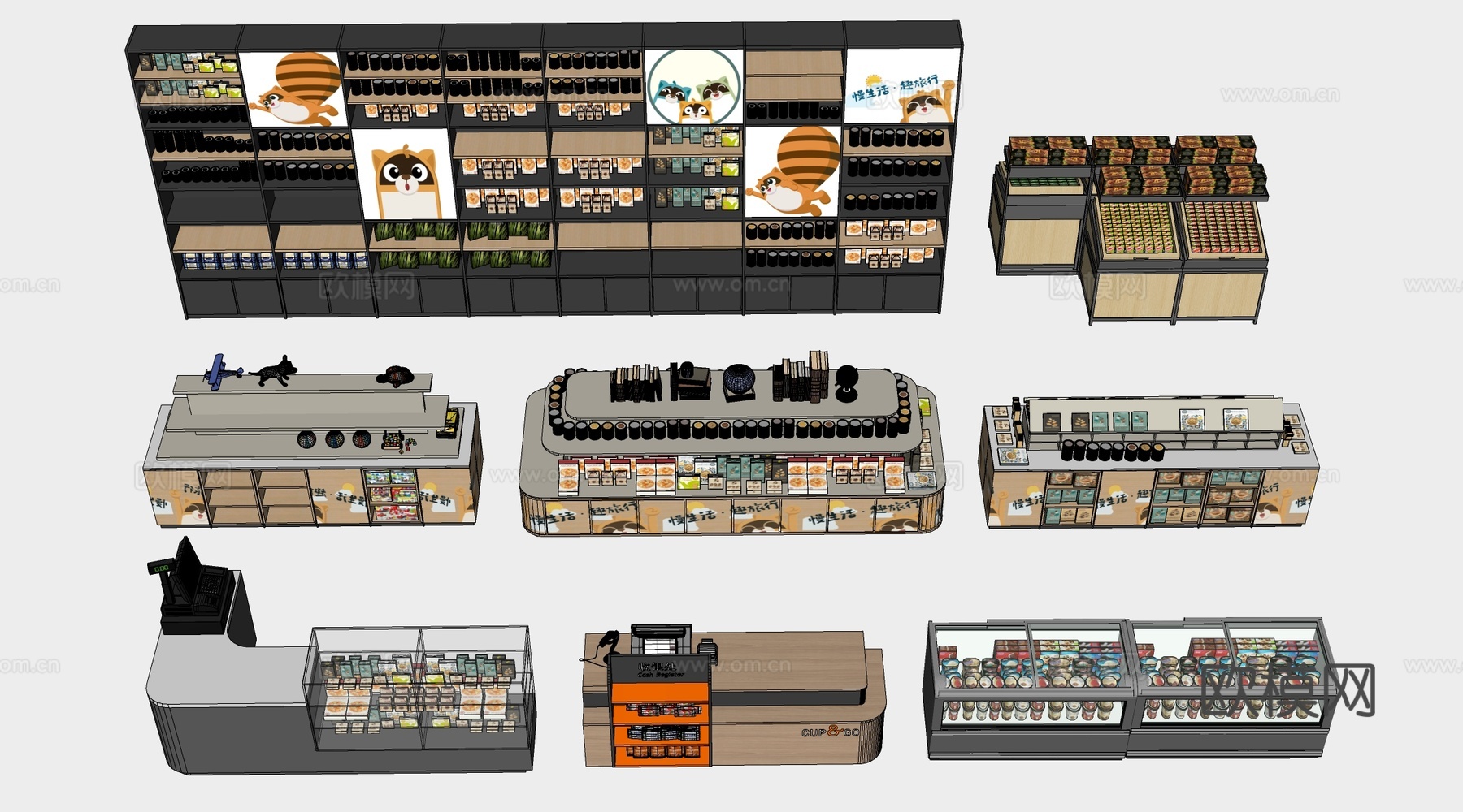 现代超市货架 零食店货架 置物架 文创展架su模型