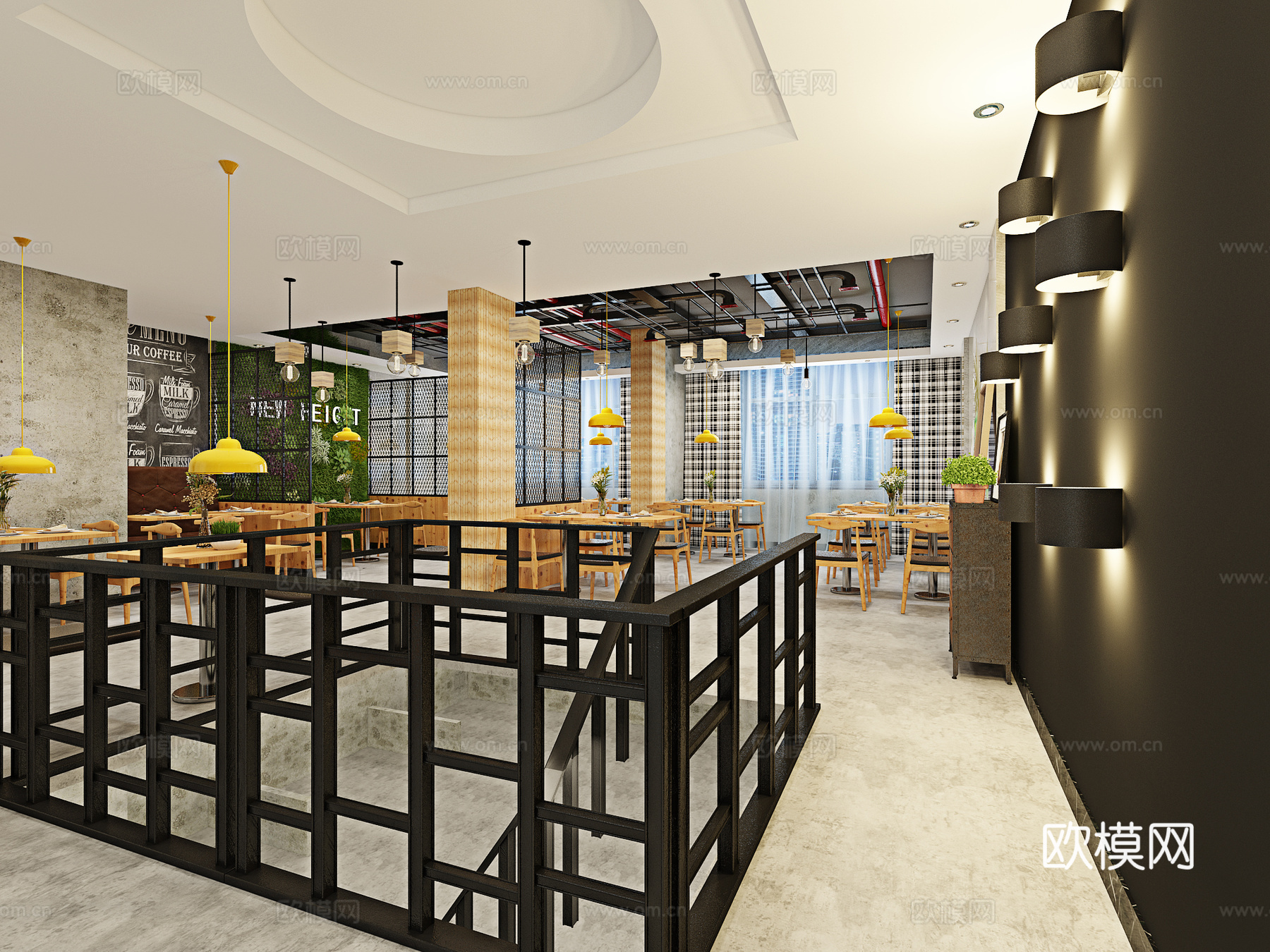 现代北欧工业风奶茶店 吊灯 管道灯 桌椅组合 植物墙 卡3d模型下载（渲染图2）