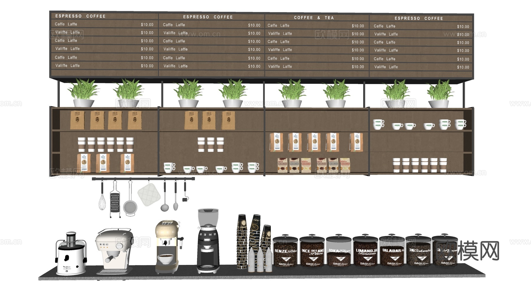 现代咖啡展架 咖啡用品 咖啡豆 咖啡机su模型