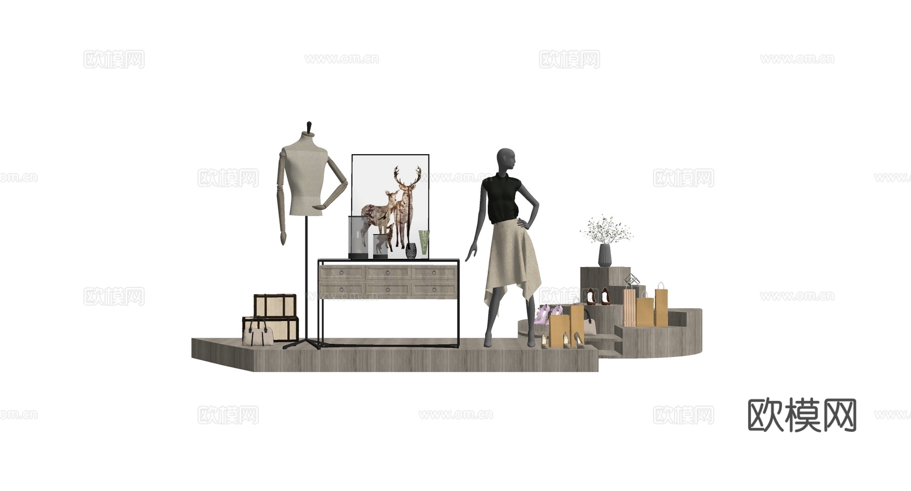 侘寂风衣帽间展示角 买手店角落场景 人体模特 抽屉柜 行李箱su模型