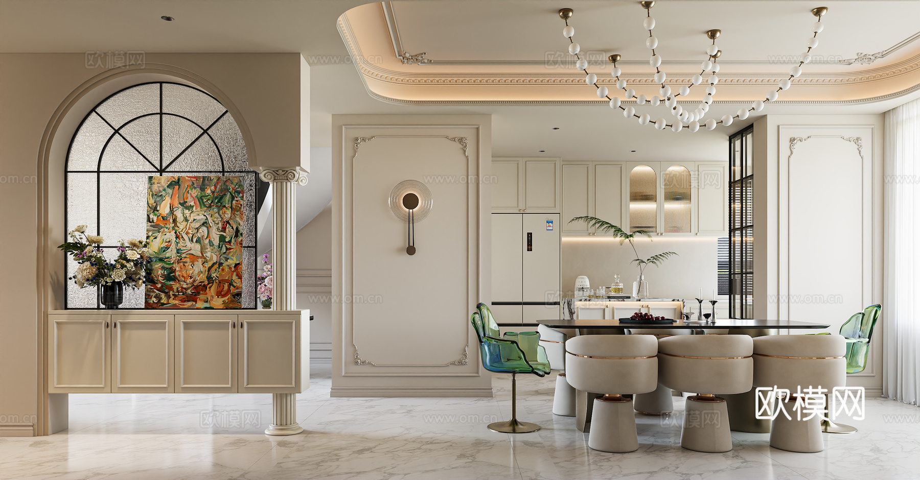 法式吊灯 法式拱形玻璃隔断 法式壁灯 法式餐桌椅 法式吊灯3d模型下载