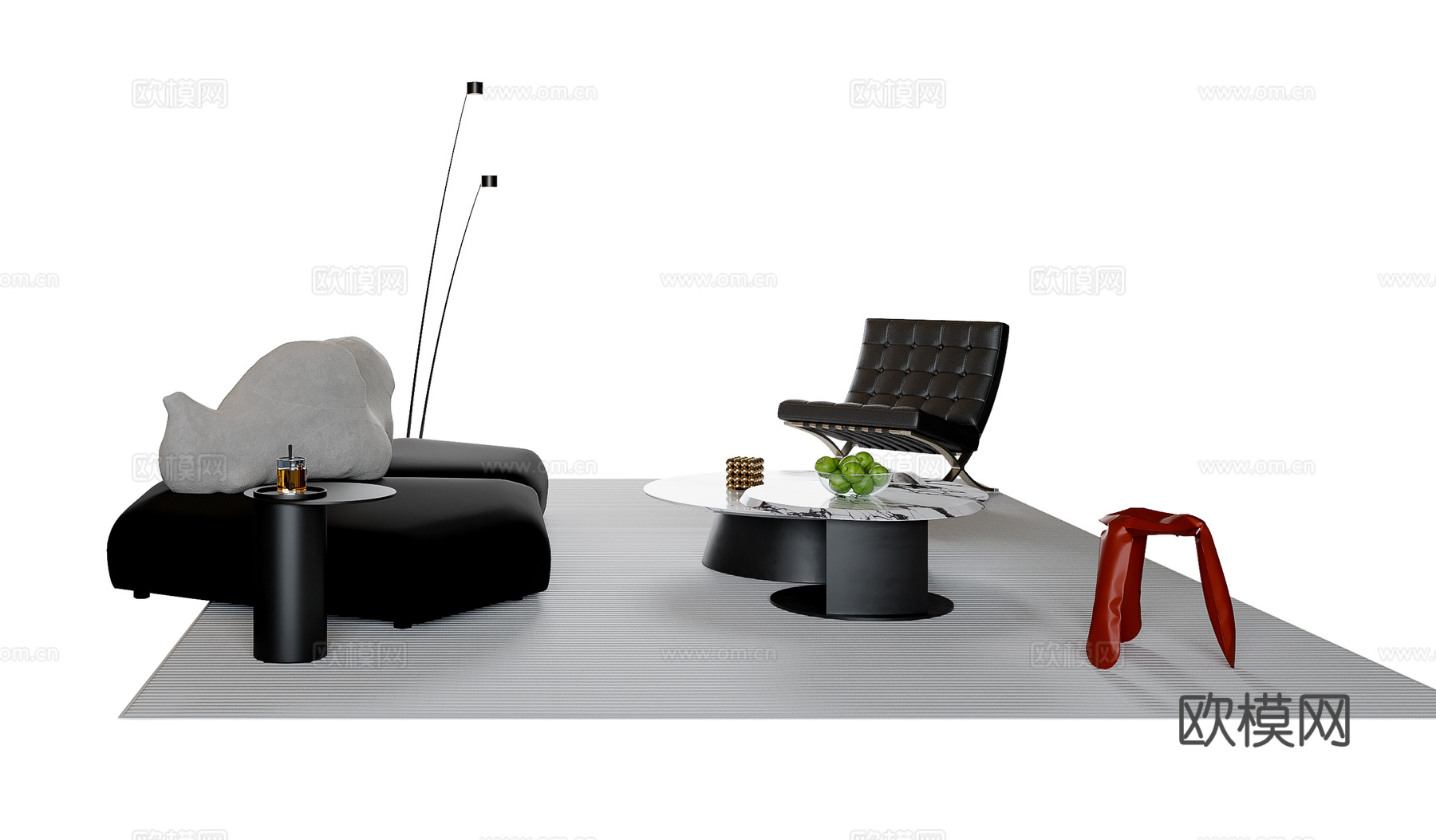 现代意式沙发茶几组合 多人沙发 休闲椅 地毯su模型