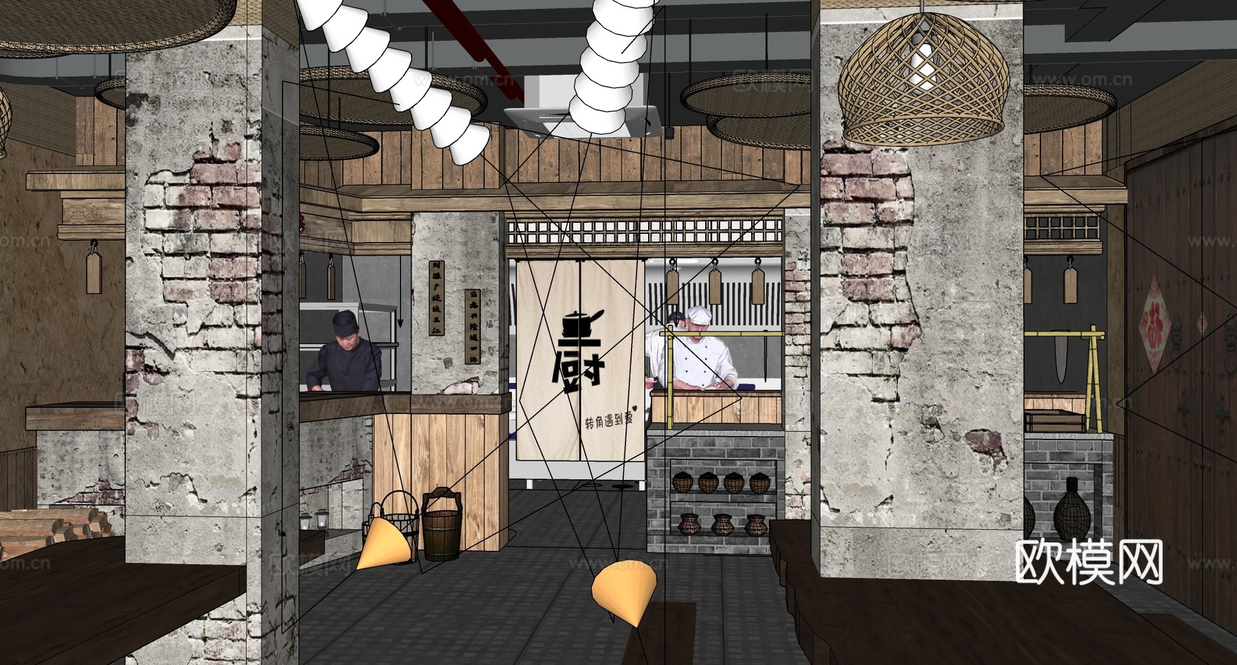 中式怀旧农家乐餐厅 复古餐厅 农家乐酒店su模型