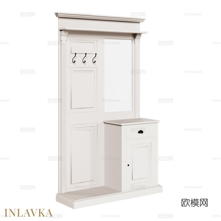 OM玄关柜（三钩衣帽架+镜子+储物柜）3d模型下载