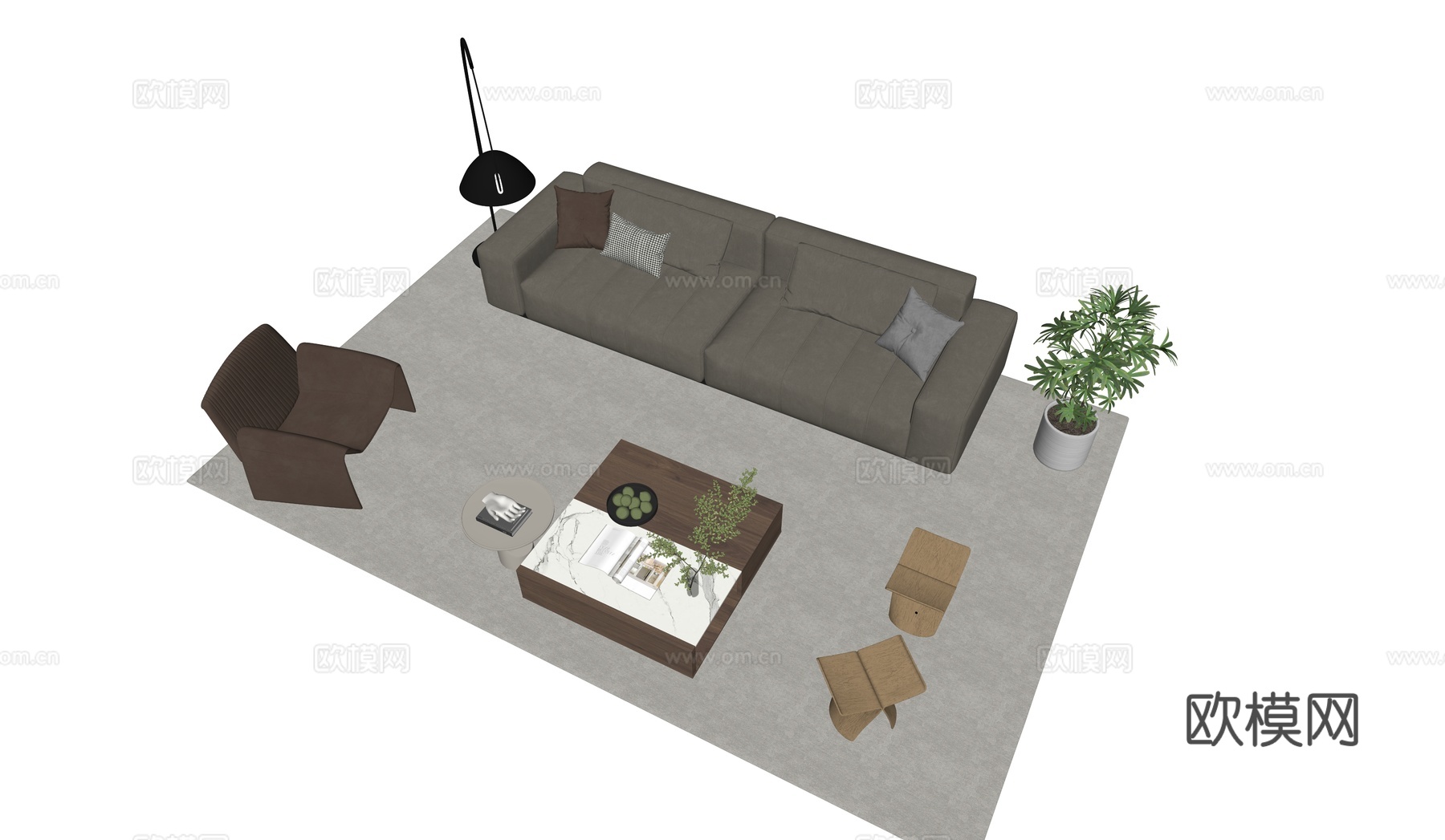 现代意式沙发组合_沙发茶几_客厅沙发_皮质沙发_多人沙发su模型