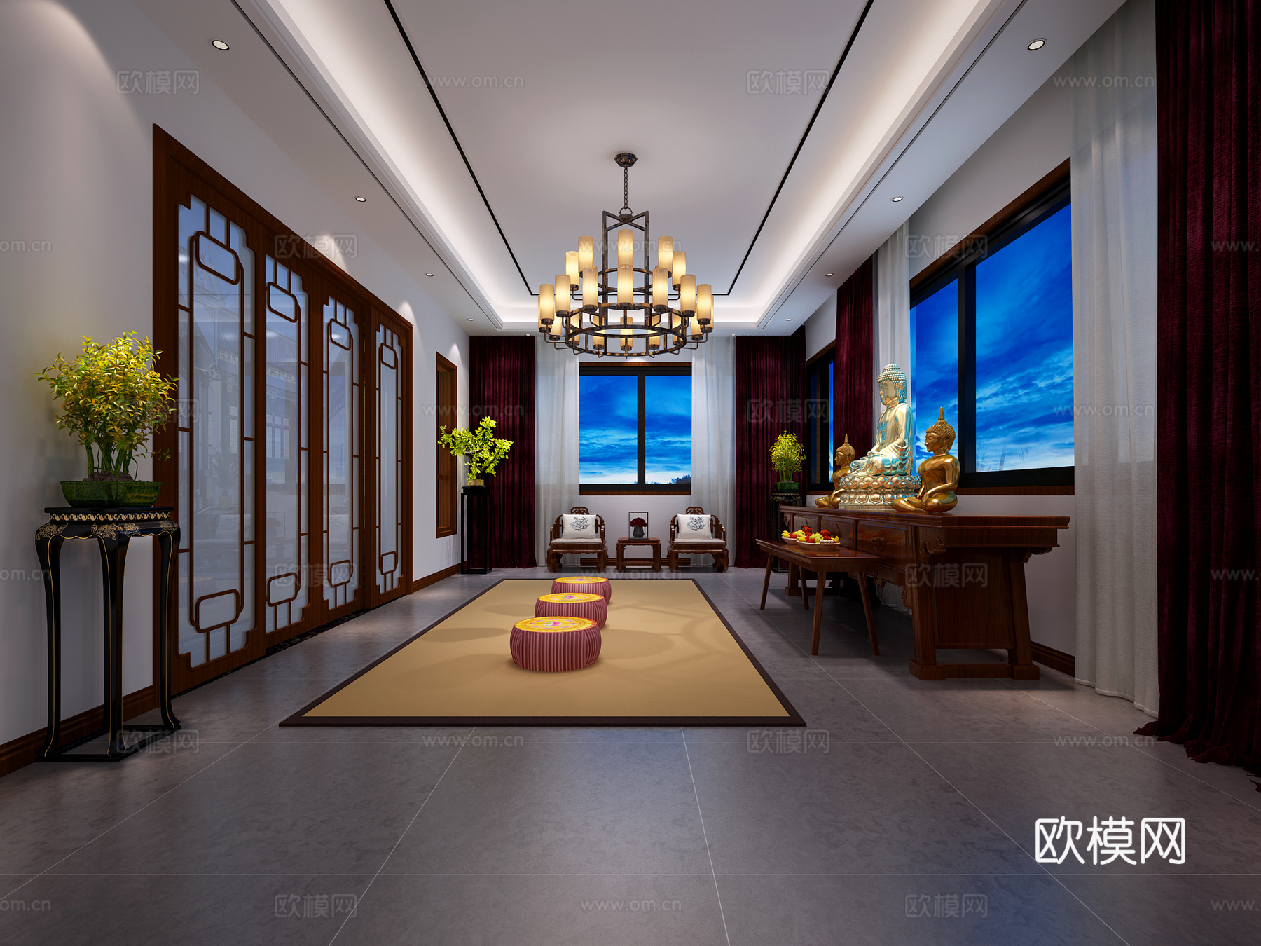 中式禅室 中式佛堂3d模型下载（渲染图1）