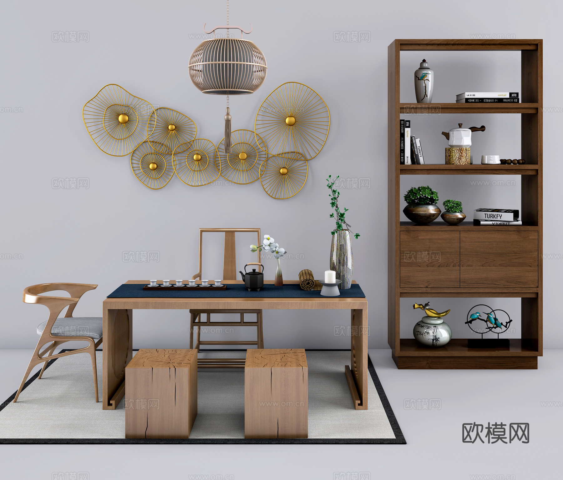 新中式书桌椅子装饰柜摆件组合3D模型3d模型下载（渲染图2）