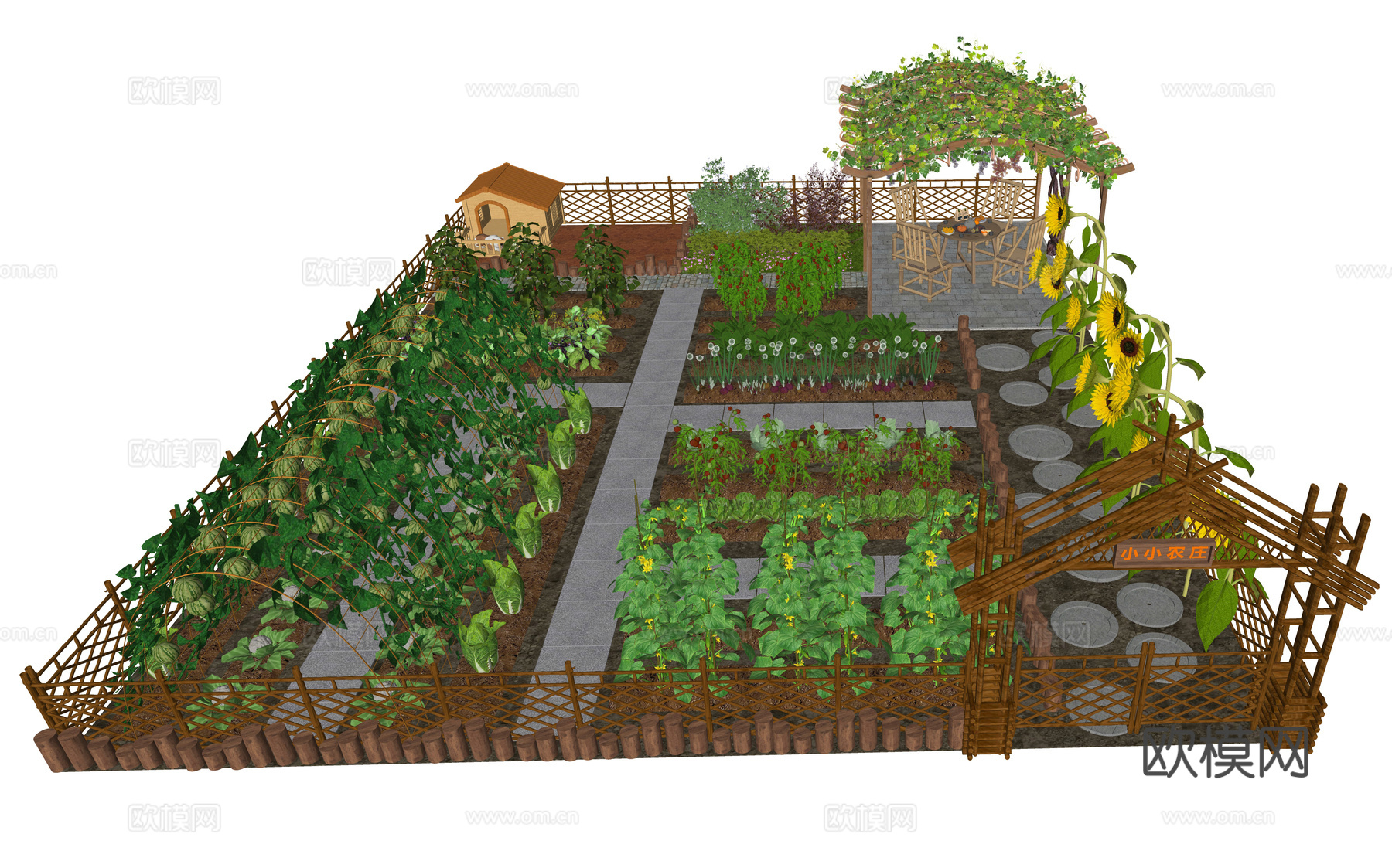 现代乡村菜地菜园 葡萄架 一米菜园 蔬菜园 农家乐庭院su模型