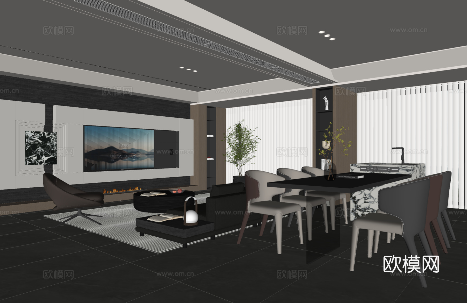 现代意式客餐厅 沙发茶几 电视背景墙 餐桌椅 地毯su模型