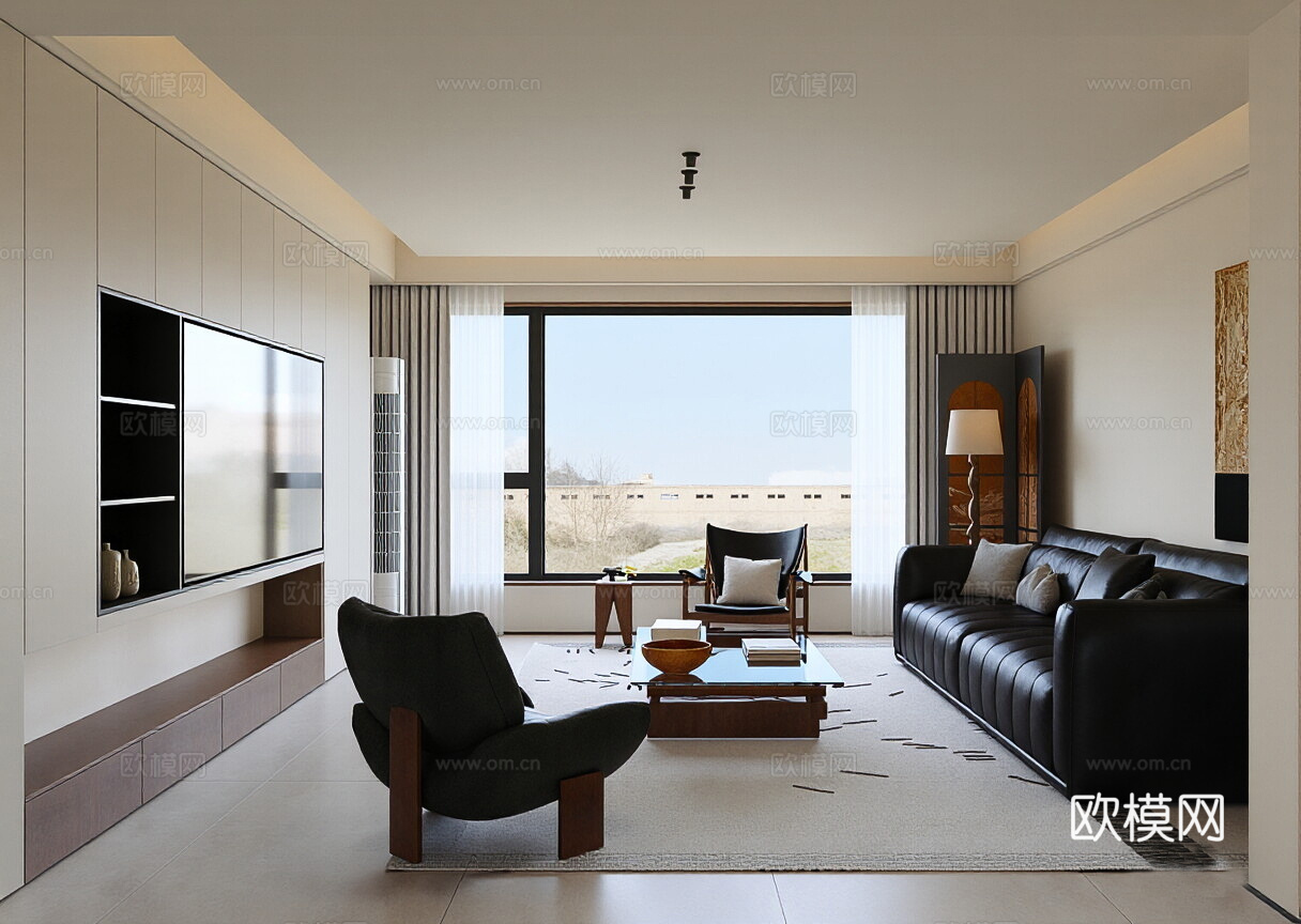 中古风家居客厅  沙发茶几组合 地毯 电视墙 盆栽 落地灯3d模型下载