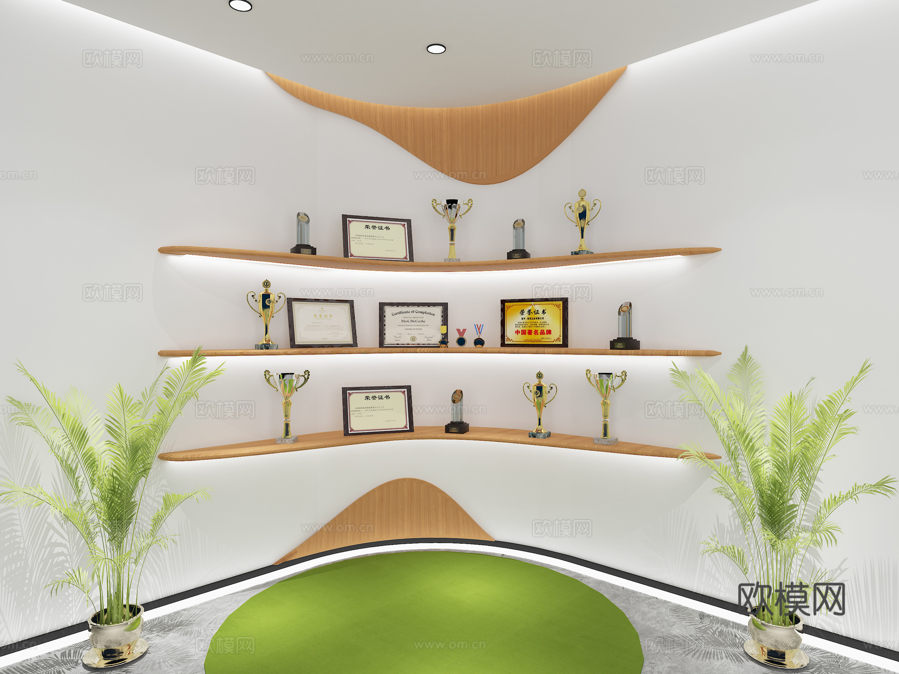 现代奖杯荣誉证书文化墙3d模型下载（渲染图1）