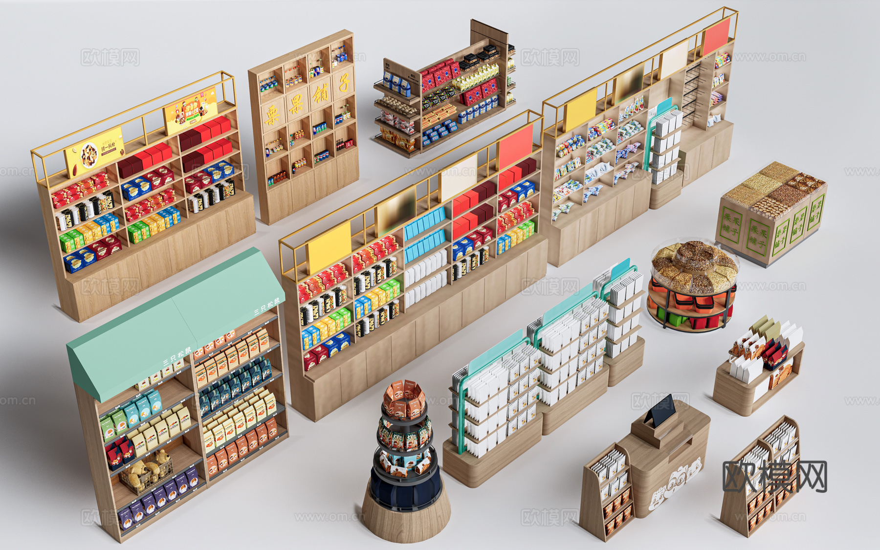 现代超市货架 零食店货架 置物架 文创展架su模型