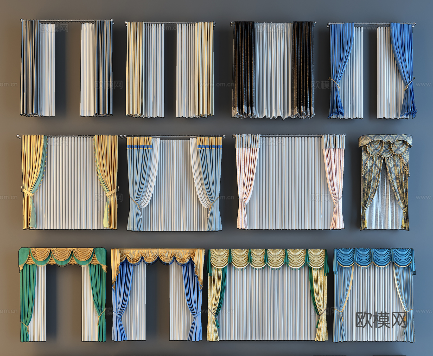 现代欧式中式窗帘组合3d模型下载（渲染图4）