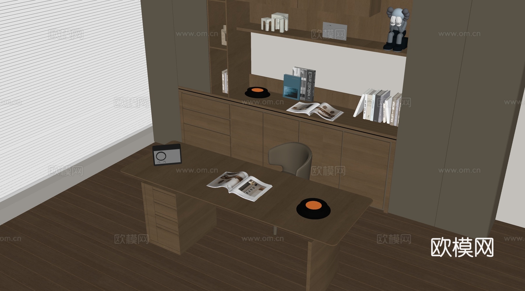 现代原木书房 书桌椅  办公桌椅 摆件组合 书柜su模型su模型