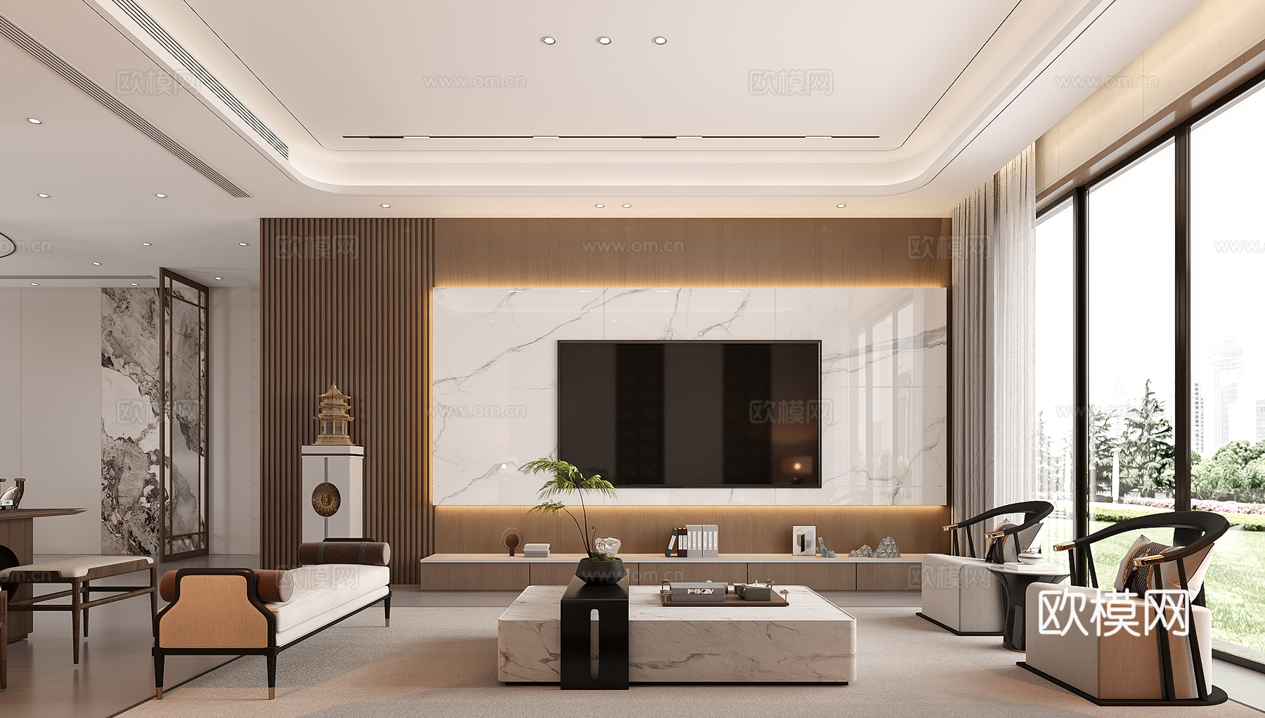 新中式客厅  新中式沙发 新中式背景  新中式电视背景3d模型下载