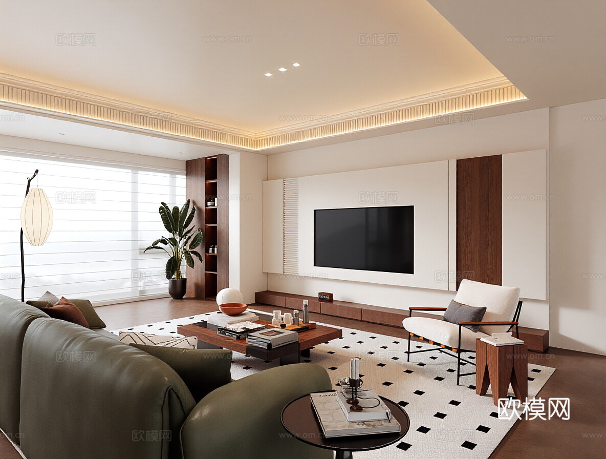 法式中古家居客厅  沙发茶几组合 地毯 电视墙 盆栽 落地灯3d模型3d模型下载