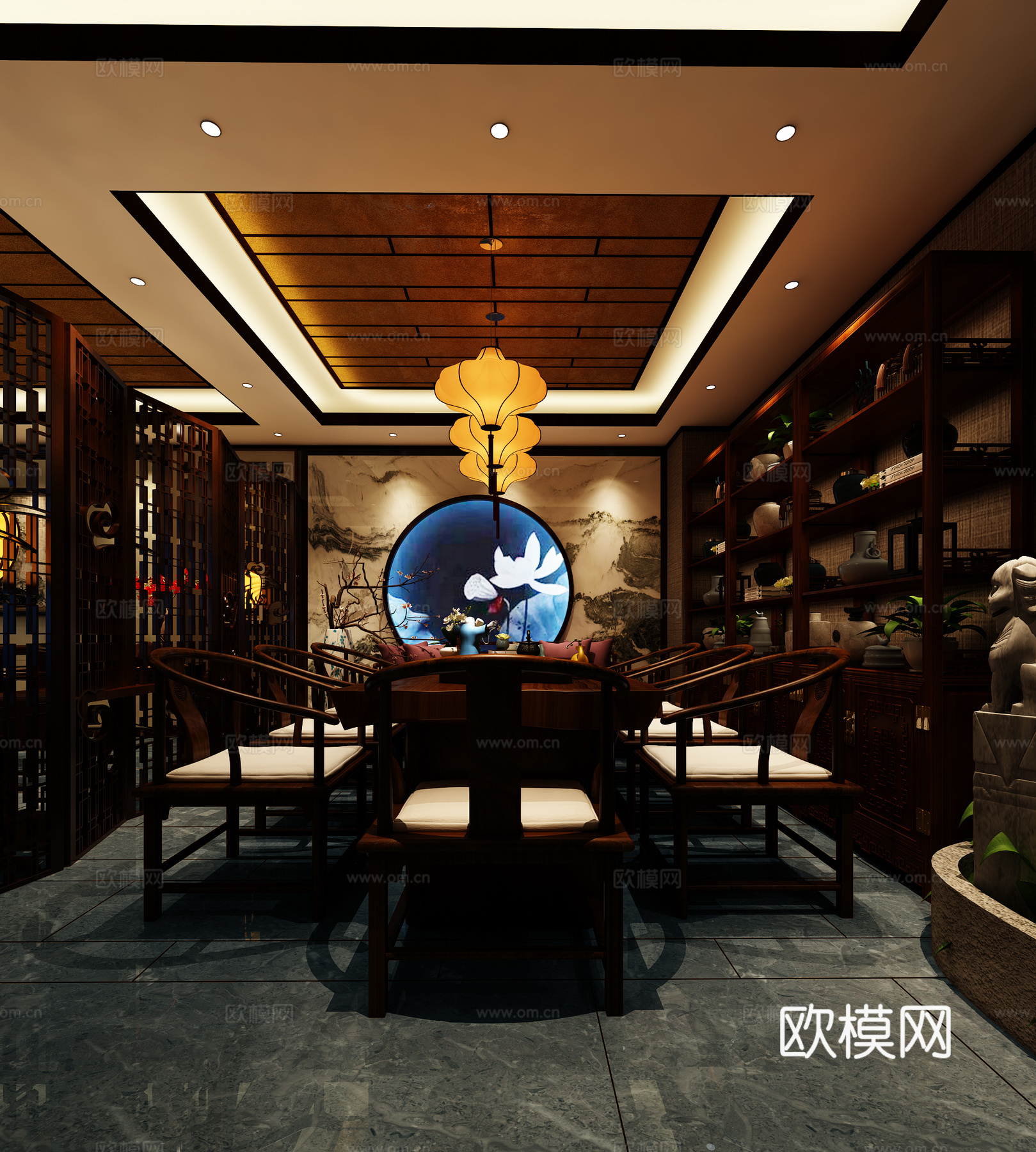 新中式茶室会所 餐厅 茶桌 博古架 拴马庄中式吊灯壁灯挂画3d模型下载（渲染图3）