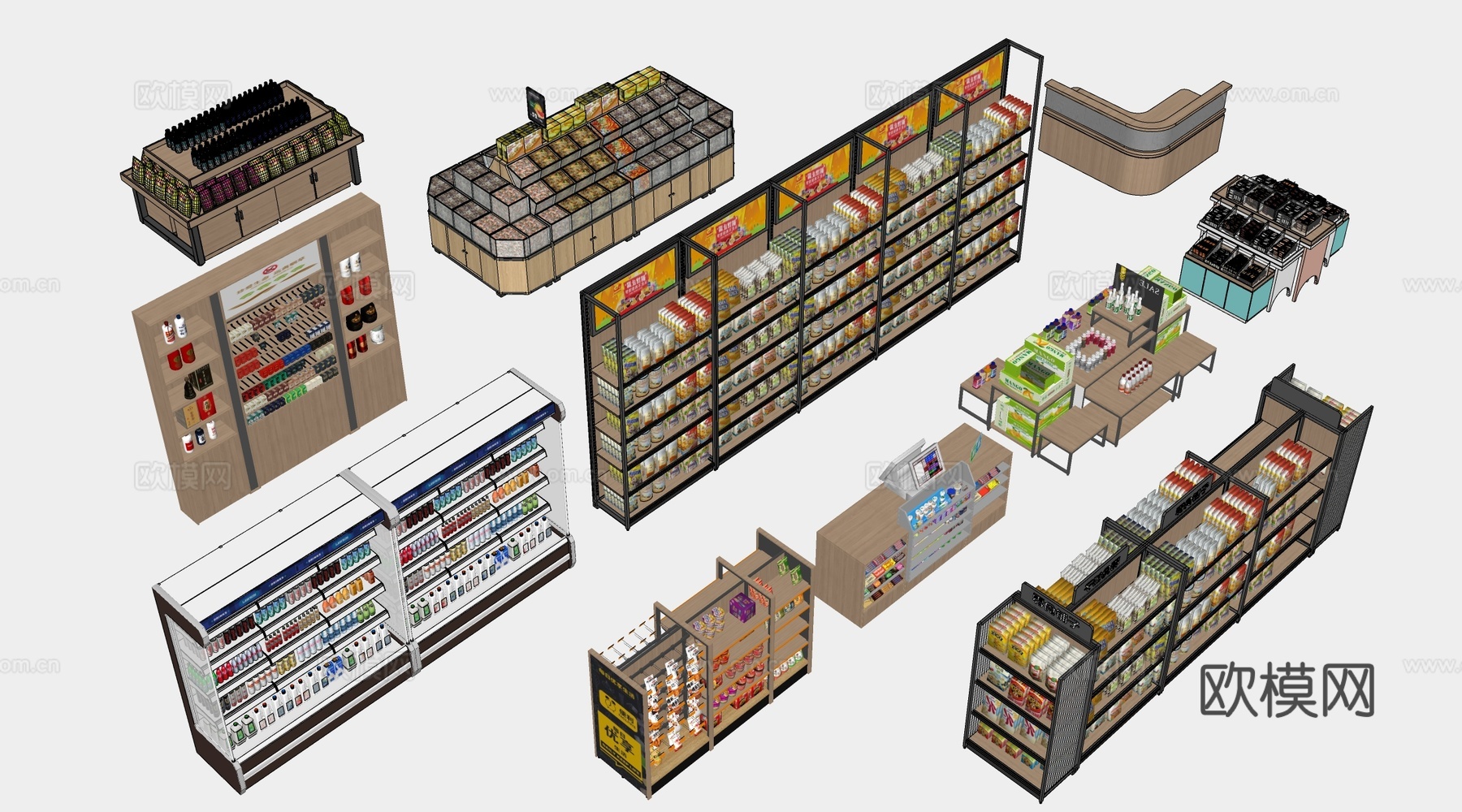 现代超市货架 零食店货架 置物架 文创展架su模型