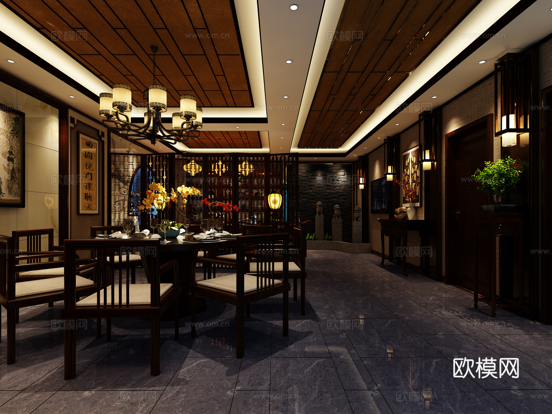 新中式茶室会所 餐厅 茶桌 博古架 拴马庄中式吊灯壁灯挂画3d模型下载（渲染图4）