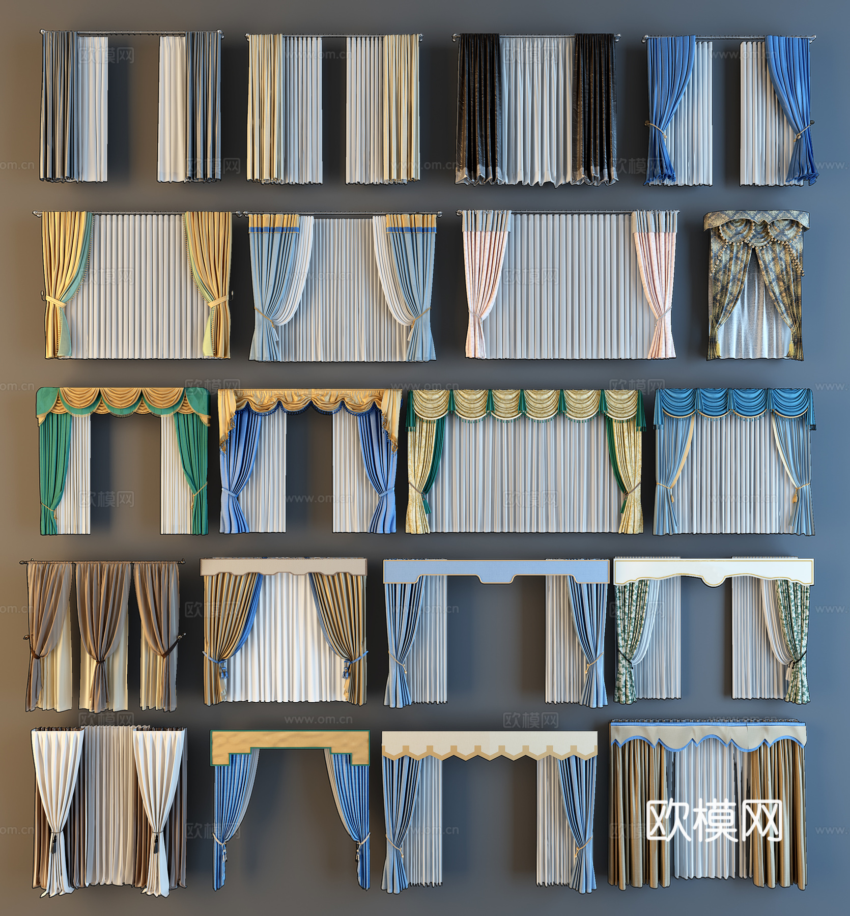 现代欧式中式窗帘组合3d模型下载（渲染图1）